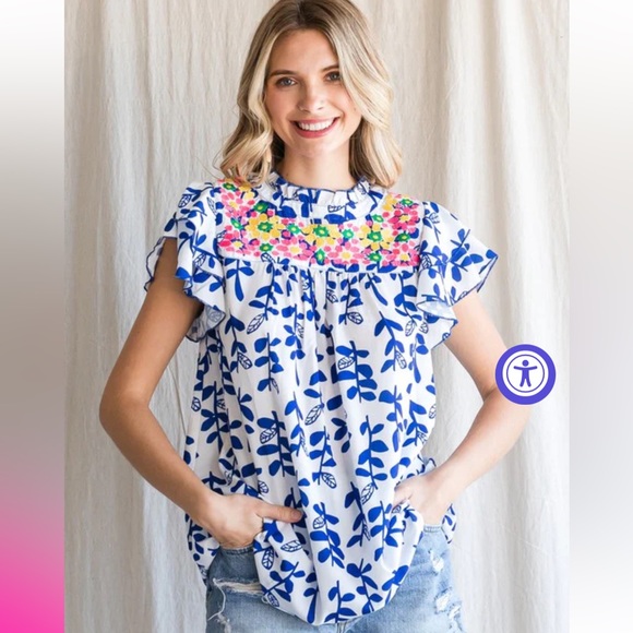 JODIFIL Blue Floral Printed Ruffled Sleeve Embroidered top - Picture 1 of 8